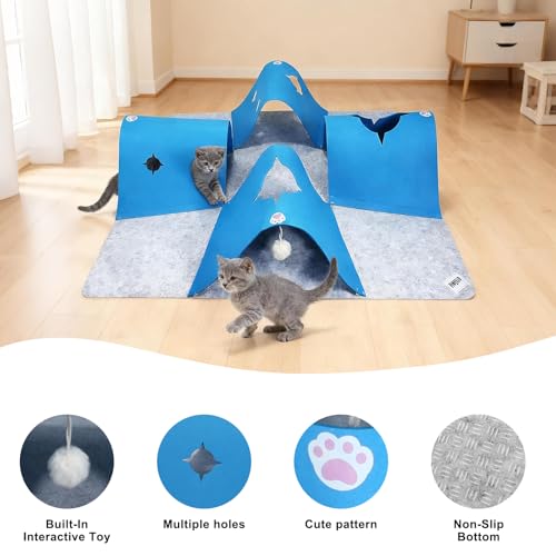 4-Way Cat Tunnels for Indoor Cats, Interactive Toys with Plush Ball - color: Grey-Blue