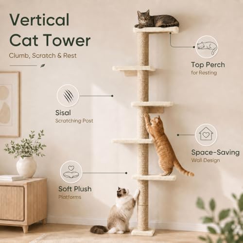 80-Inch Wall-Mounted Cat Tree with Scratching Post & 5 Perches, Beige - color: Beige