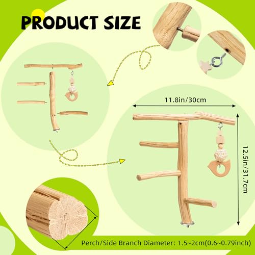 Natural Wooden Bird Perch Stand with Hanging Toy, Bark-Free Solid Wood Parrot Perch for Budgies, Parakeets, Cockatiels and Lovebirds, Inside or Cage Top Bird Playground