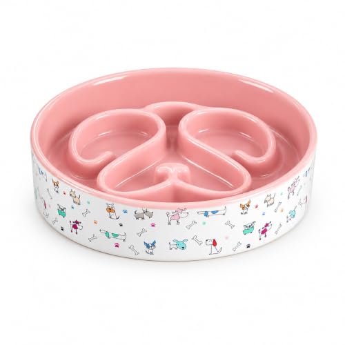 Slow Feeder Dog Bowl, 8” Ceramic Dog Bowls for Medium & Large Breed, Pink﻿ - color: Pink