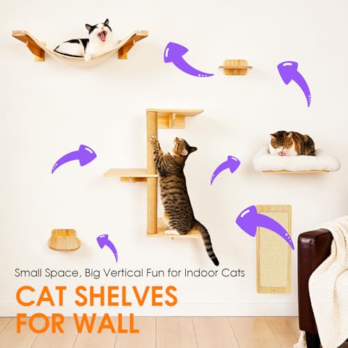 6 in 1 Cat Wall Shelves Climbing System with Sisal Scratching Perch - color: White