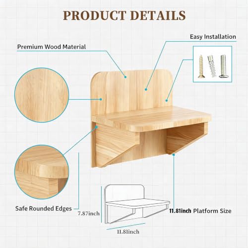 Solid Pine Wood Cat Wall Shelf - Unfinished Natural Wood Perch for Indoor Cats, Wall-Mounted Lounging Bed & Climbing Platform, Space Saving Cat Furniture
