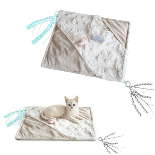 Cat Crinkle Play Mat with Catnip Interactive Cats Activity Mat for Indoor - color: Beige