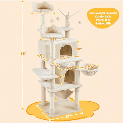 Yaheetech 67in Multi-Level Cat Tree Tower with Dangling Teaser Toys - color: Beige