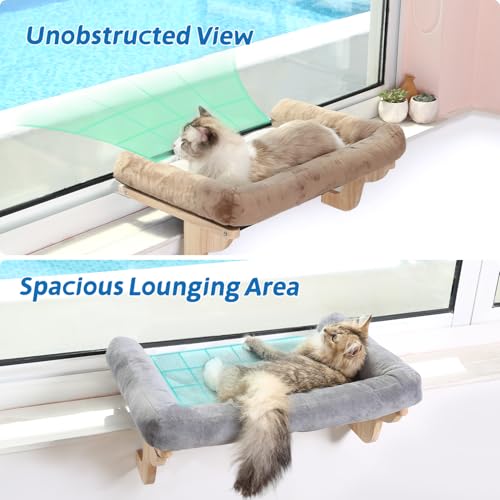 Zakkart Cat Perch for Windowsill with Bolsters (Dark Stained/Brown, L) - color: Dark Stained Wood with Brown Bed, size: 24''L x 15''W