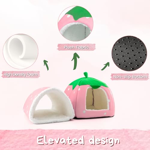 Guinea Pig Hideout with Tunnel, Washable Fleece House Bed - color: Pink strawberry