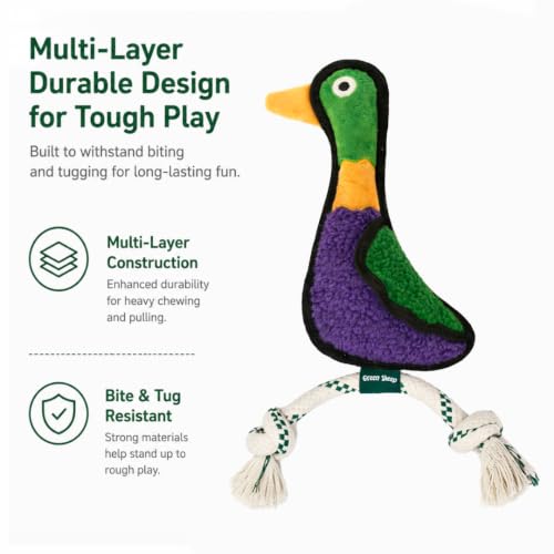 Green Sheep Squeaky Plush Dog Toy, Interactive Rope Toy with Recycled Materials for Tug, Fetch and Play, Medium to Large Dogs, Chew Toy, Duck - color: Duck