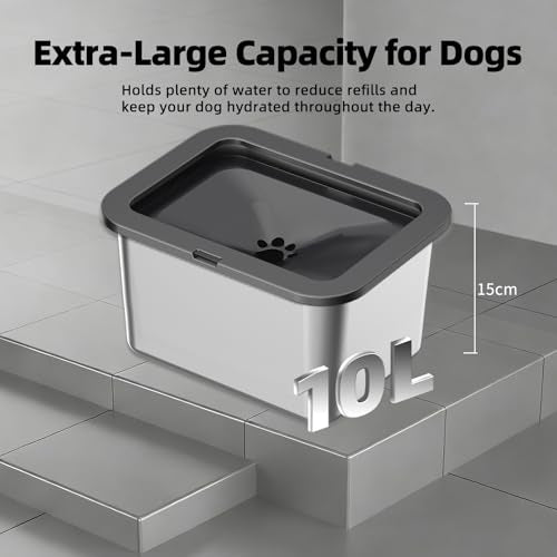 Marchul 10L Stainless Steel No Spill Water Bowl for Dogs, Slow Water Bowl for Large Dogs Anti Slip, No Splash Mess Proof Water Dispenser for Sloppy Drinkers Indoor Outdoor - size: 10L