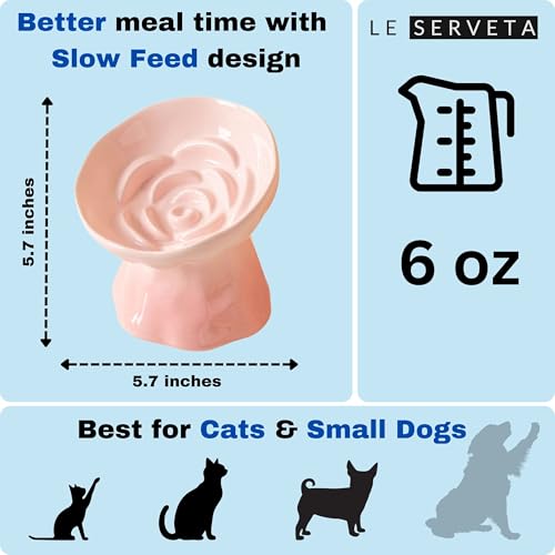 Elevated Ceramic Cat Bowl, Tilted Slow Feeder Pet Dish with Gradient Color Coating, 3.3 Ounces Capacity, Anti-Gulping Design with Rose Bouquet Design (Gradient Pink) - color: Gradient Pink