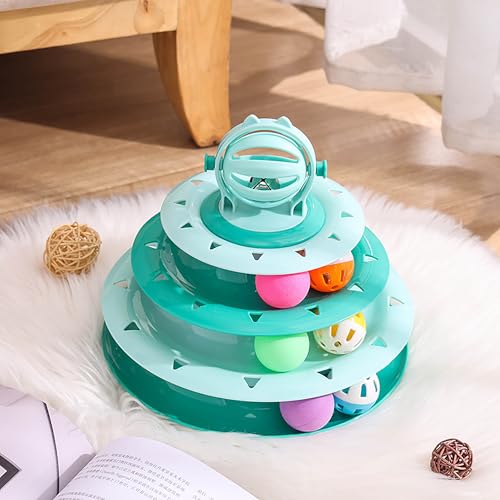 Vealind Cat Toy Roller 4-Level Turntable Cat Toys Balls with 14 Pcs Colorful Pom Pom Balls Interactive Fun Mental Physical Exercise Puzzle Kitten Toys (Green) - color: Green