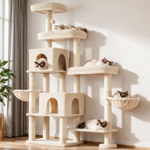 Hey-brother Cat Tree Tower with Stable Extended Base, 3 Platforms, MPJ038M - color: Beige