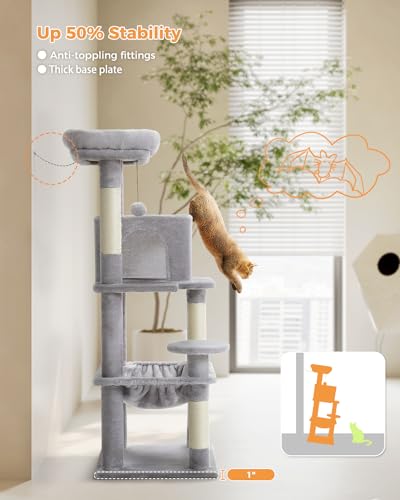 MUTTROS 45.7" Cat Tree with Hammock, Condo & 4 Sisal Posts, Grey - color: Grey, size: 45.7in