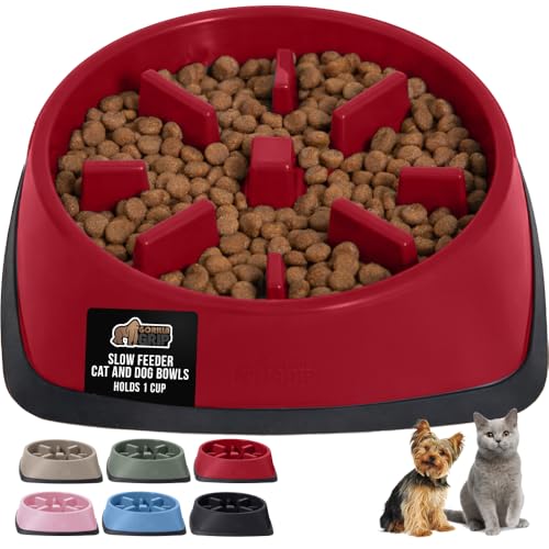 GORILLA GRIP® Patented Slow Feeder Dog and Cat Bowl, BPA Free, 1 Cup Red - color: Red, size: 1 Cup
