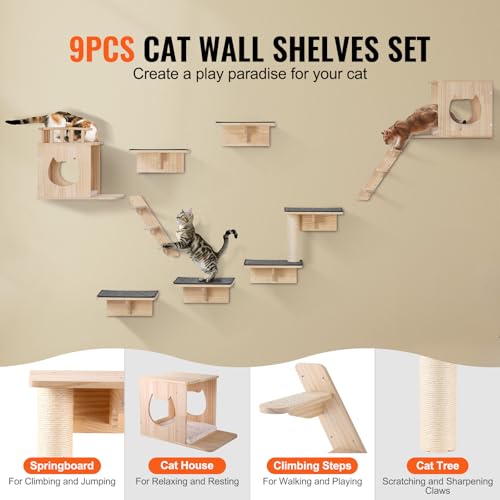 VEVOR Wall Mounted Cat Shelves, Cat Wall Shelves and Perches with Jumping Boards, Cat Beds, Hammocks & Cat Tree, Cat Furniture and Shelves up to 40 lbs for Sleeping, Playing, Climbing, Set of 9 - size: Set of 9, style: Free