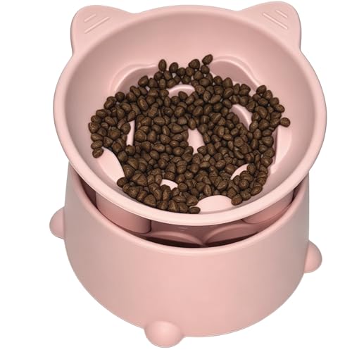 Raised Slow Feeder Cat Bowl, Silicone Elevated Tilted Cat Slow Feeder Bowl - color: Peachy Pink