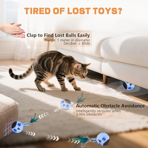 Cat Ball Toy, Upgraded Smart Motion Sensor Moving Ball with 3 Speed Modes & 4 Sounds, Interactive Toy for Indoor Cats, Motion Activated, Chirping Light, 2 Feather Tails(Blue) - color: Blue