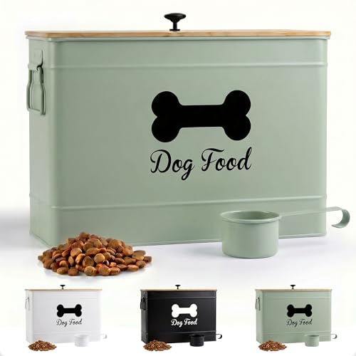 Metal Dog Food Container 15-20 lbs w/ Airtight Bamboo Lid, 70 Cup Capacity - color: Sage Green: Bone