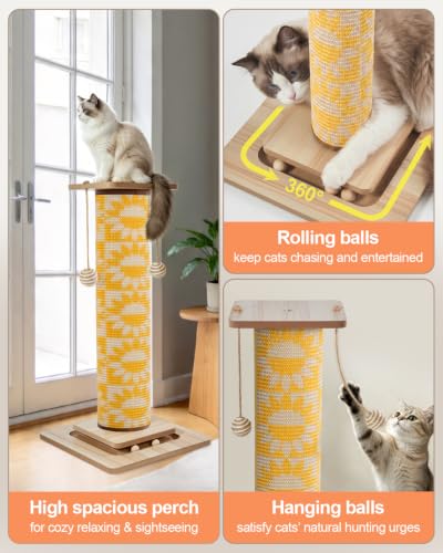 Odoland 31" Tall Large Cat Scratching Post with Replaceable Scratcher Pad - color: Sunflower