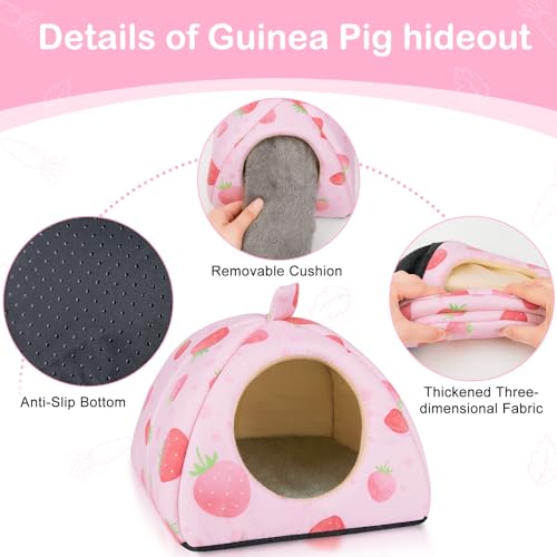 Bienbee Guinea Pig Hideout, 2 Piece Washable Set for Small Animals Small - color: Pink Strawberry, size: Small(7.3"L x 7.3"W x 6.7"H)