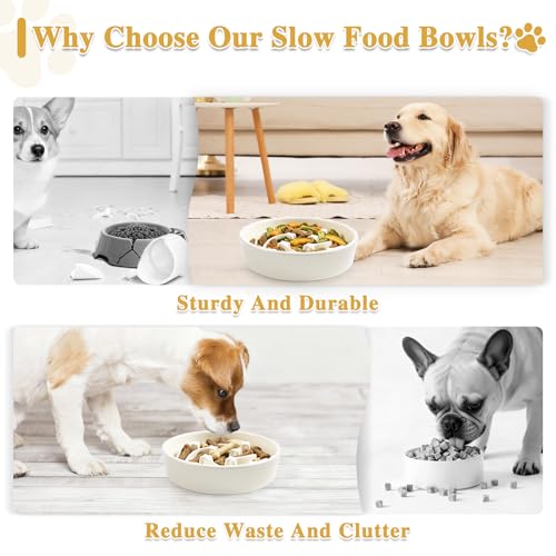 Ceramic Slow Feeder Dog Bowls,1.5 Cups Dog Food Dish for Medium&Large Breed - color: Beige-L