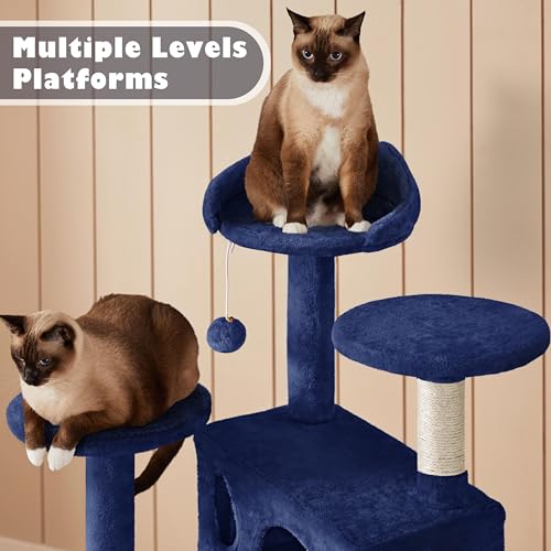 Yaheetech 54in Cat Tree Tower, 2 Caves, Kitten-Ear Perch & Scratching Posts - color: Navy Blue, size: 54in