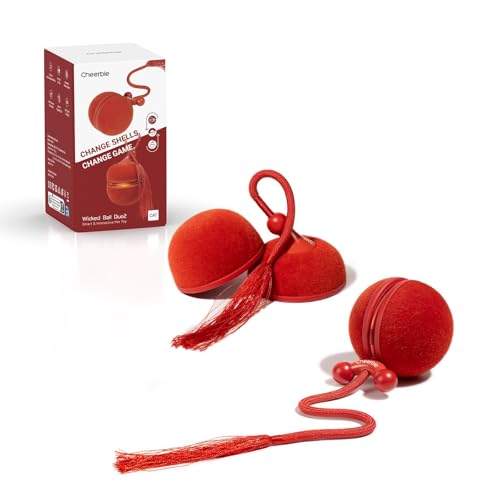 Cheerble 2 in 1 Interactive Cat Toys for Indoor Cats - Wicked Ball Duo2 Automatic Cat Toy, Dual Interchangeable Shells, Electric Moving Cat Ball with Tail & Chirping Sounds, Red
