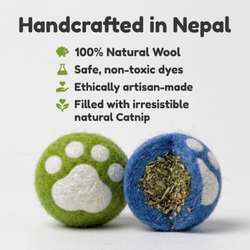 Glaciart One Catnip Wool Balls for Cats 5 Pack, Felt Cat Toys - color: Paw Design Balls