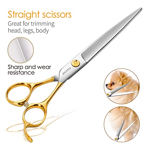 Professional 7.5" Dog Grooming Scissors Kit 4pcs, JP 440C Stainless Steel Curved Blender Straight Chunker Shears for Dog Cat and Pets (7.5 in Kit, Gold) - size: 7.5 inch, style: Kit