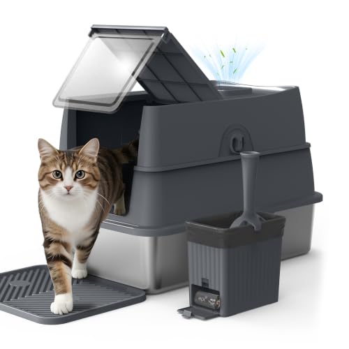 AIPERRO Enclosed Stainless Steel Cat Litter Box with Lid High Sided - color: Transparent Grey, size: X-Large