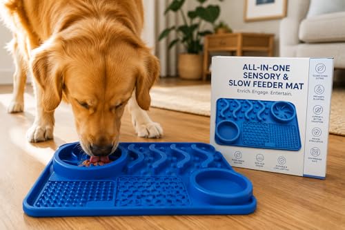 Silicone Dog Feeding Mat with Slow Feeder & Lick Pad for Dogs and Cats – Non-Slip Spill-Proof Pet Feeding Tray with Bowl Holder, Dishwasher Safe, Support, 12 x 8 Inch Blue - color: Blue
