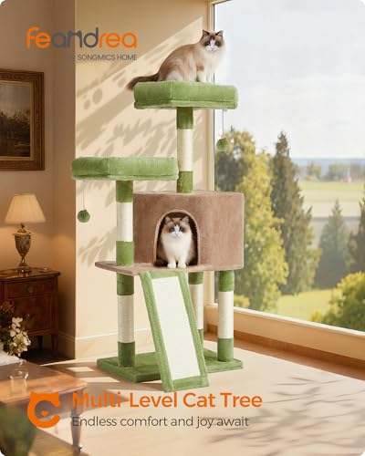 Feandrea Cat Tree, 45.3-Inch Cute Cat Tower, Climbing Condo, Green & Brown - color: Grass Green + Camel Brown