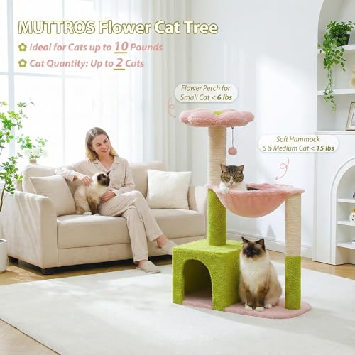 MUTTROS Flower Cat Tree with Large Metal Frame Hammock, 35" Cute Cat Tower with Sisal Scratching Posts for Small Indoor Cats, Cat Condo with Pink Top Perch for Kittens, Pink - color: Pink, size: 35" Upgraded Flower Cat Tree