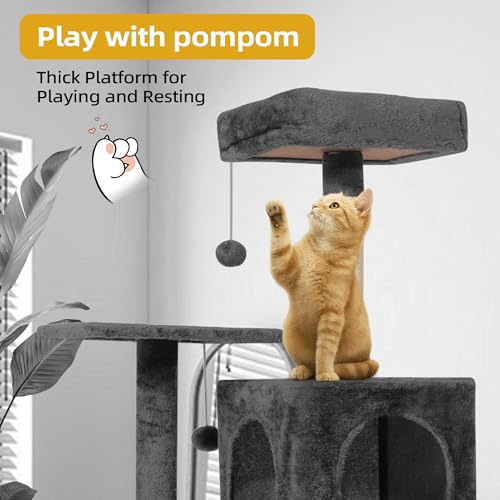Cat Tree 54-Inch Cat Tower with Padded Plush Perch 2 Comfy Caves, Scratching Posts, Basket, 2 Pompoms, Multi-Level Plush Cat Condo for Indoor Cats Kittens, Dark Gray - color: Dark Gray