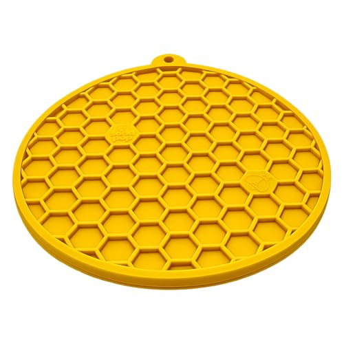 SodaPup Honeycomb Round eMat – Durable Enrichment Feeder for Dogs & Cats Made in USA from Non Toxic Pet Safe Food Safe TPE for Slow Feeding, Calming, Digestive Support, & Licking Fun - color: Yellow Honeycomb
