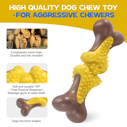 Durable Dog Chew Toys for Large Dogs - Tough Bone-Shaped Dental Chew with TPR Rubber & Wood Fiber, Teething & Aggressive Chewer Toys for Medium/Large Breed, Long-Lasting Teeth Cleaning & Stimulation - color: Yellow