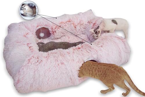XxingSheep 4-Cave Plush XL Cat Tunnel Bed Indoor Cats Peekaboo Toy Mat Pink - color: Pinkish White