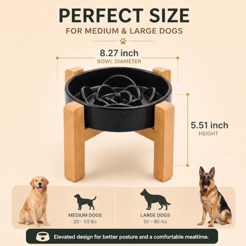 Elevated Ceramic Slow Feeder Dog Bowls Anti-Choking Slow Feeding for Medium& Large Anti-Slip Non-Lead & Toxic Durable Easy to Clean Maze Slow Feeder Bowl（8.66in Black Flower Pattern） - color: Black Flower Pattern, size: 3.6Cup