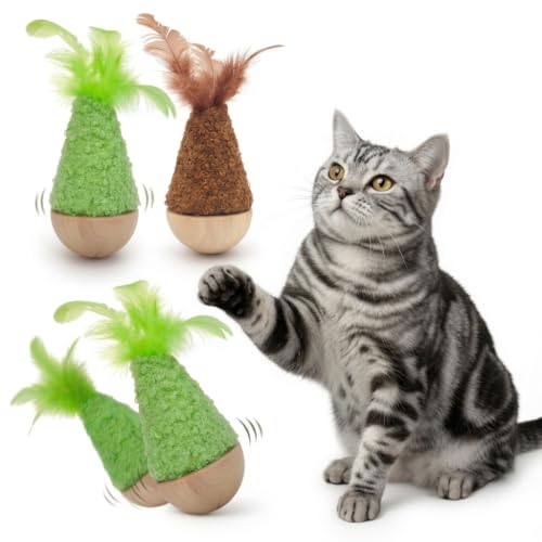 2 Pack Cat Feather Toys Wooden Tumbler - Interactive Wobble Self-Righting Plush Stuffed Toys for Indoor Cats & Kittens, Catnip Free Cute Kicker Chaser Set