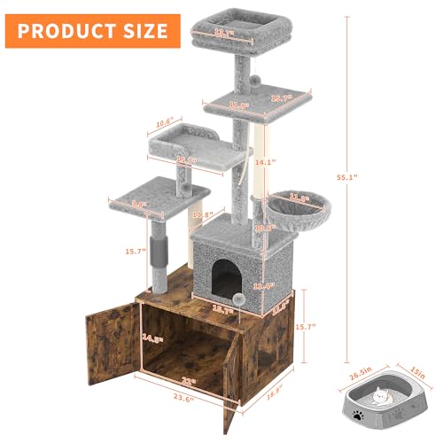 2-in-1 Cat Tree with Hidden Litter Box Enclosure, Multi-Level Cat Tower with Scratching Post and Dangling Balls, Spacious Hammock, Indoor Cat Condo, Rustic Brown