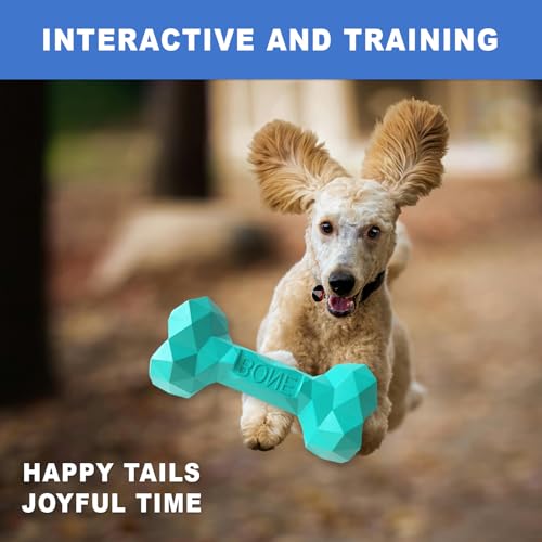 NOOVIA Durable Dog Chew Toy Rubber Bone 100% Natural Bite-Resistant Interactive Pet Toys for Dogs, Diamond Texture Modern Geometric Design (Lake Green, Medium 2-Pack) - size: Medium 2-Pack