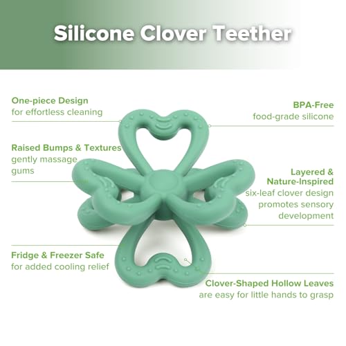 haakaa Silicone Clover Teether, Teethers for Babies 3 Months+, Pea Green - color: Pea Green