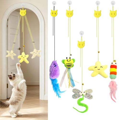 5-Piece Hanging Door Cat Toys for Indoor Cats - Interactive Retractable Elastic Cat Teaser Toys with Suction Cup, Assorted Plush Toys for Kitten Boredom Relief, Exercise and Hunting Instinct
