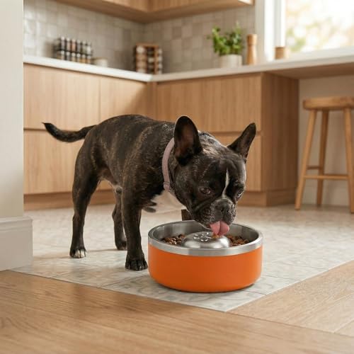 Stainless Steel Slow Feeder Dog Bowl, Heavy Duty Thickened Metal Dog Bowl, Non-Slip Base, Dishwasher Safe, Anti Gulping Feeding Bowl for Small to Medium Dogs & Cats, 56 oz, (Orange) - color: Orange