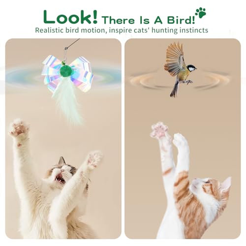Pawaboo Cat Feather Wand Interactive Toy, 2 Feathers + 1 Wand with Bell - color: Green Butterfly