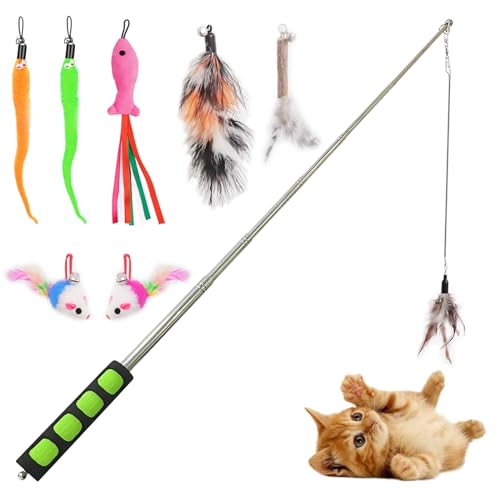 Cat Fishing Pole for Indoor Cats,Interactive cat Toys with Colorful Feather and Bell. (Green)