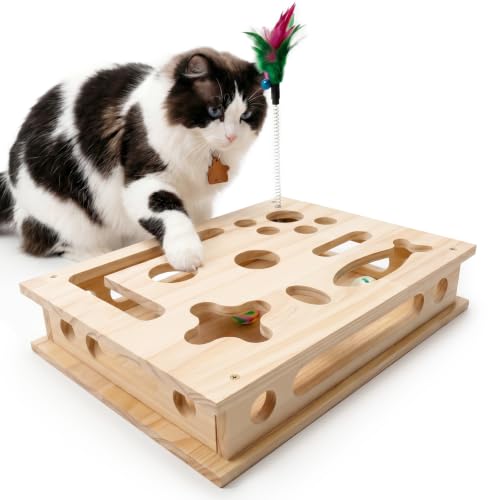 Wooden Cat Scratch Puzzle Enrichment Box,Interactive Cat Slow Feeder Maze Puzzle Toy,Durable Mental Stimulation Enrichment Toy.Relieve Boredom & Reduce Destructive Behaviors - style: Large 11.8×15.4IN