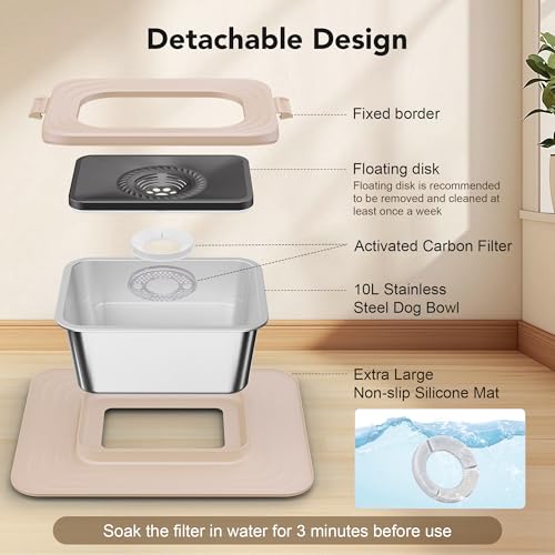 Decflow 10L Stainless Steel Dog Water Bowl, No Spill Anti-Splash Bowls - color: Beige