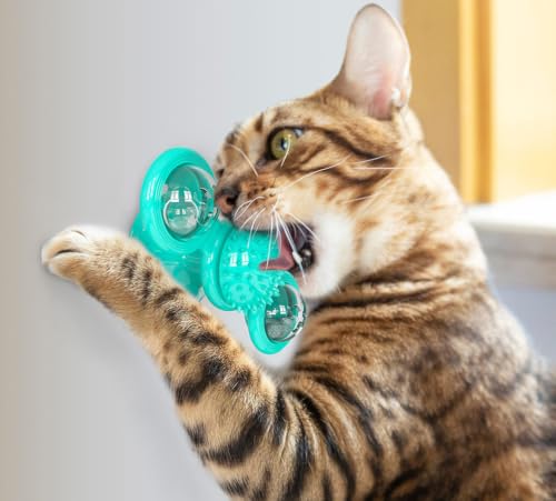 Pet Life ® 'Windmill Fidget' Glass or Surface Suction Cup Grip Spinning and Feeding Interactive Cat Toy with Ball and Catnip - color: Blue