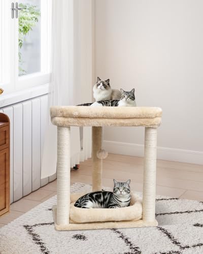 SYANDLVY Small Modern Cat Tree with 2 Levels Perch Platforms for Kittens - color: Beige