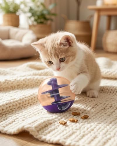 Spiral Pet Treat Dispenser Ball Toy for Cats, Adjustable Portion Puzzle Slow Feeder, Interactive Cat Treat Ball, Bite Resistant Self Entertainment IQ Toy for Indoor Kitten Training Mental Stimulation - color: purple